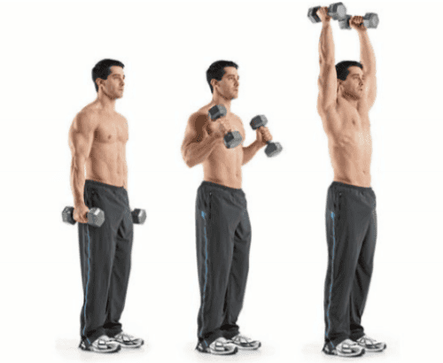 ćwiczenie na biceps i barki zgięcia ramion z wyprostem nad głowę
